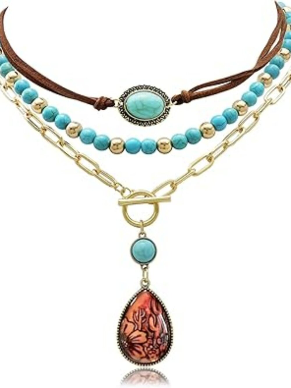 New Layered Western Cowgirl Necklace Boho Turquoise Beaded Teardrop Cactus